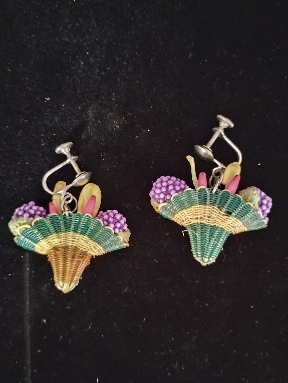 Handcrafted Green and Purple Woven Basket Floral Clip-On Earrings